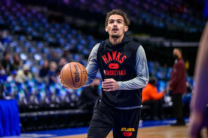 Feb 6, 2022; Dallas, Texas, USA; Atlanta Hawks guard Trae Young (11) warms up before the game against the Dallas Mavericks at the American Airlines Center.